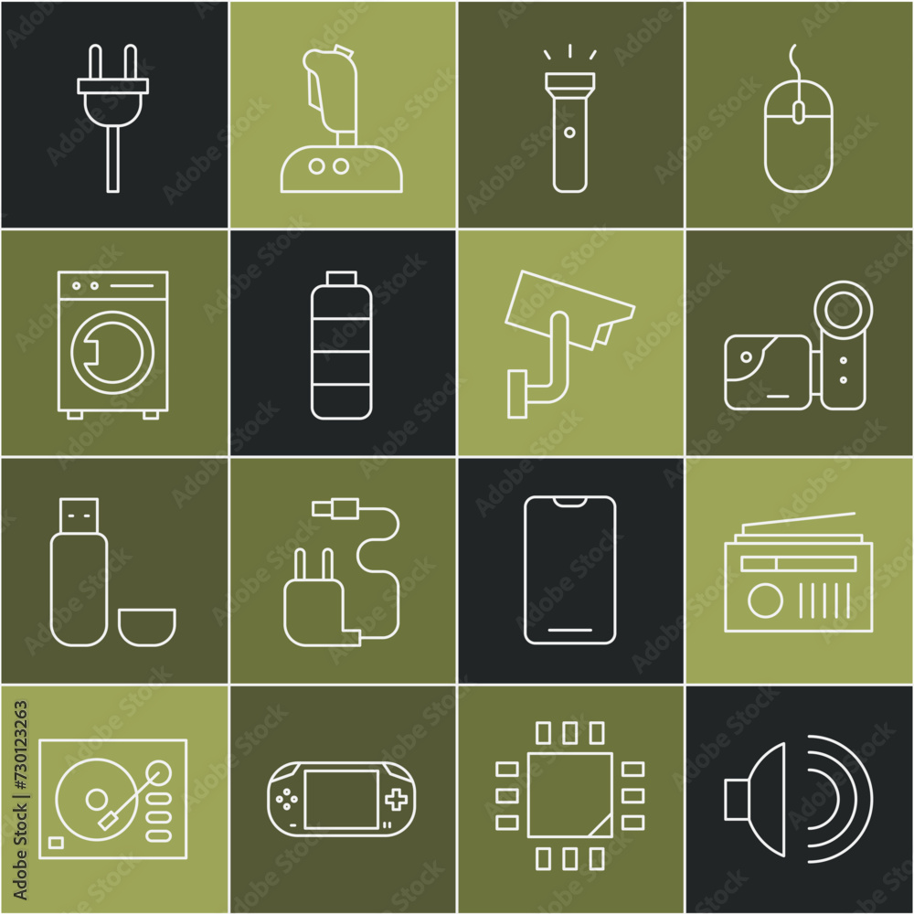 Set line Speaker volume, Radio with antenna, Cinema camera, Flashlight, Battery charge level indicator, Washer, Electric plug and Security icon. Vector Set line Speaker volume, Radio with antenna, Cinema camera, Flashlight, Battery charge level indicator, Washer, Electric plug and Security icon. Vector