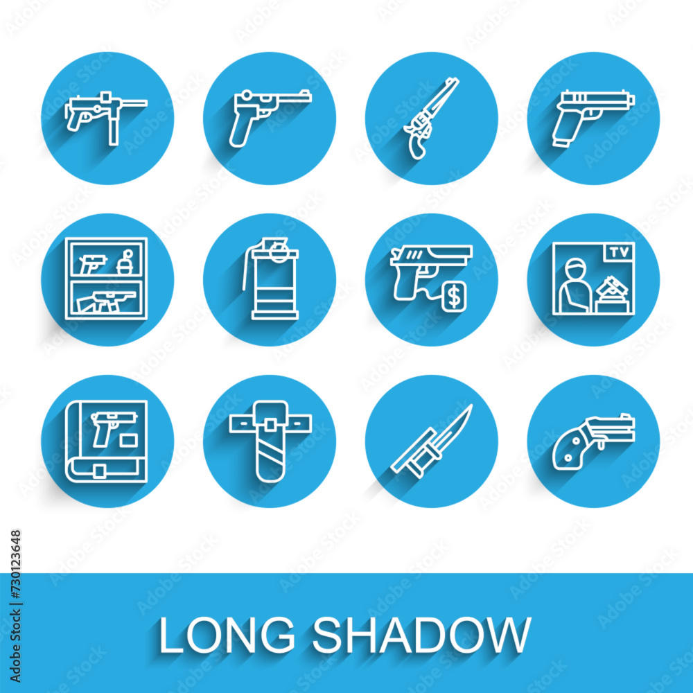 Set line Book with pistol or gun, Knife holster, Submachine M3, Bayonet on rifle, Small revolver, Hand smoke grenade, Advertising weapon and Buying icon. Vector Set line Book with pistol or gun, Knife holster, Submachine M3, Bayonet on rifle, Small revolver, Hand smoke grenade, Advertising weapon and Buying icon. Vector