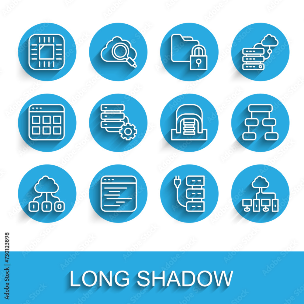 Set line Cloud technology data transfer, Software, Processor with CPU, Server, Computer network, and gear, Hierarchy organogram chart and Hangar servers icon. Vector Set line Cloud technology data transfer, Software, Processor with CPU, Server, Computer network, and gear, Hierarchy organogram chart and Hangar servers icon. Vector