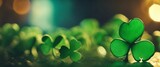  Close-up of, green shamrocks with a bokeh background.