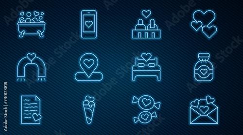 Set line Envelope with Valentine heart, Chocolate candy, Couple love, Location, Love magnet, Romantic bathroom, Bedroom and Mobile icon. Vector