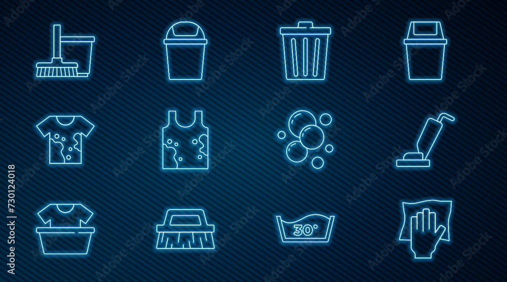 Set line Cleaning service, Vacuum cleaner, Trash can, Dirty t-shirt, Mop and bucket, Soap water bubbles and icon. Vector Set line Cleaning service, Vacuum cleaner, Trash can, Dirty t-shirt, Mop and bucket, Soap water bubbles and icon. Vector
