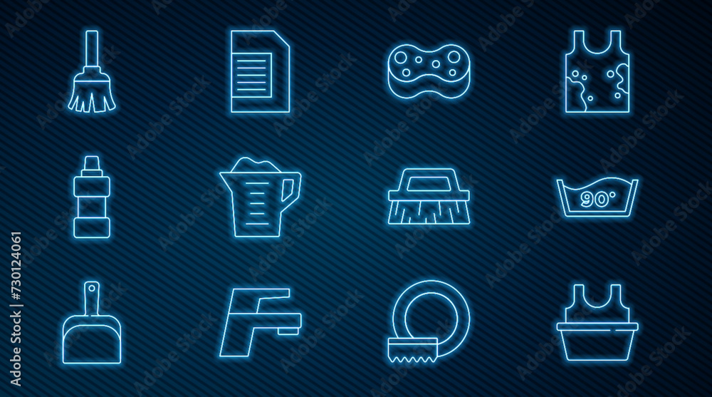 Set line Basin with shirt, Temperature wash, Sponge, Washing powder, Bottle for cleaning agent, Feather broom, Brush and Laundry detergent icon. Vector Set line Basin with shirt, Temperature wash, Sponge, Washing powder, Bottle for cleaning agent, Feather broom, Brush and Laundry detergent icon. Vector