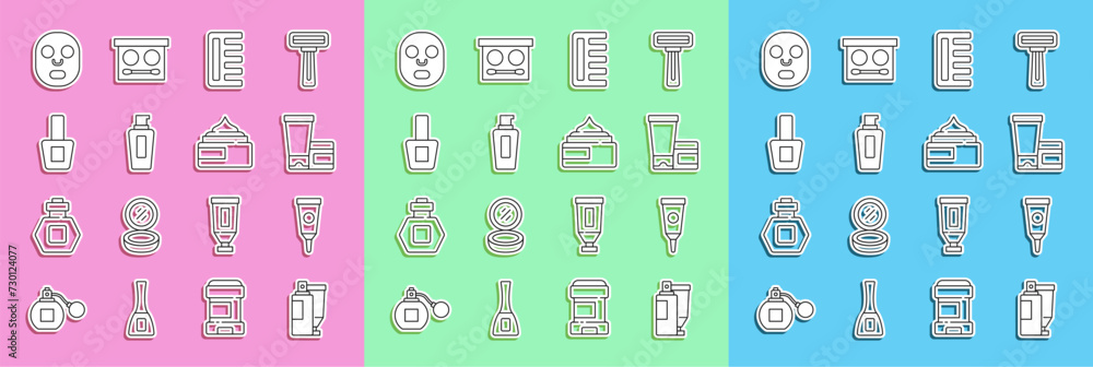 Set line Cream or lotion cosmetic tube, Hairbrush, Bottle of shampoo, Nail polish bottle, Facial mask and icon. Vector Set line Cream or lotion cosmetic tube, Hairbrush, Bottle of shampoo, Nail polish bottle, Facial mask and icon. Vector