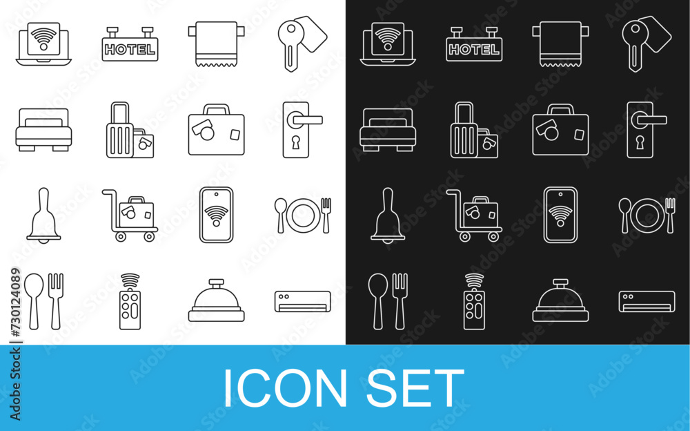 Set line Air conditioner, Plate, fork and knife, Door handle, Towel hanger, Suitcase, Hotel room bed, Wireless laptop and icon. Vector