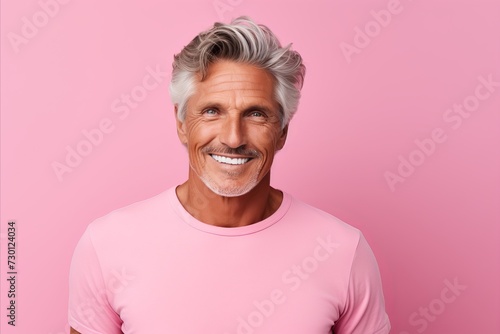 Portrait of happy senior man looking at camera with smile, isolated over pink background