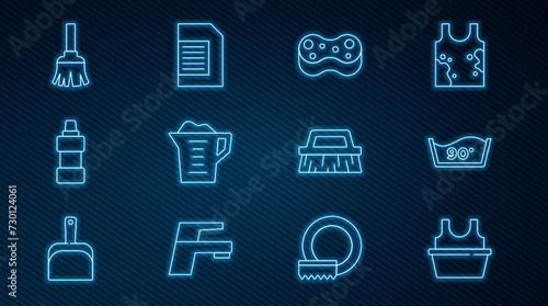 Set line Basin with shirt, Temperature wash, Sponge, Washing powder, Bottle for cleaning agent, Feather broom, Brush and Laundry detergent icon. Vector