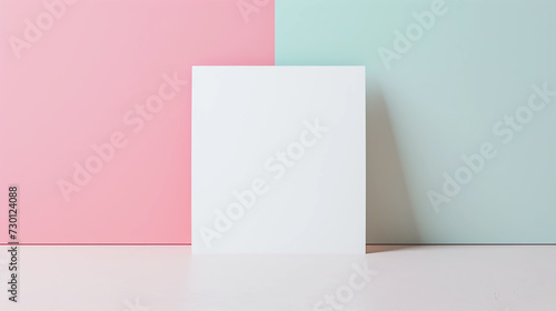 Blank white paper card on pink and blue background