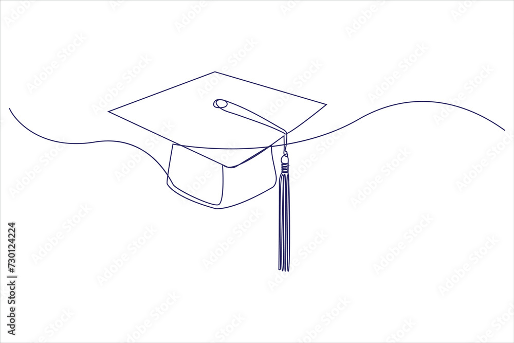 Graduation cap and diploma in continuous one line drawing illustration. Line art graduation education vector.
 - obrazy, fototapety, plakaty 