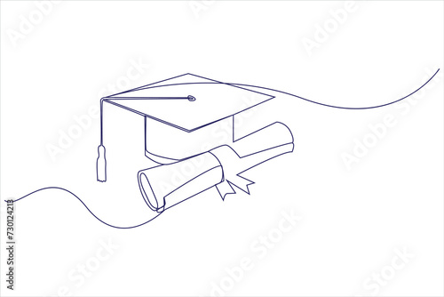 Graduation cap and diploma in continuous one line drawing illustration. Line art graduation education vector.
