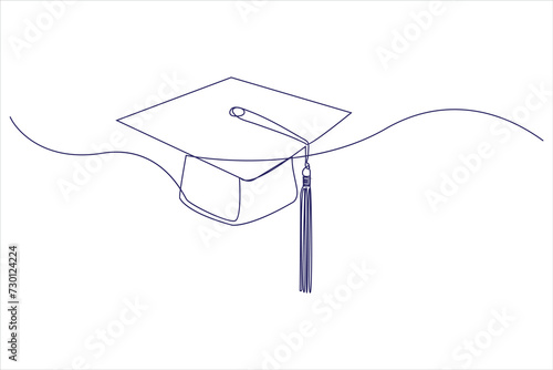 Graduation cap and diploma in continuous one line drawing illustration. Line art graduation education vector. 