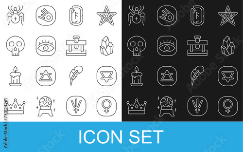 Set line Venus, Earth element, Magic stone, runes, Masons, Skull, Spider and Bottle with potion icon. Vector