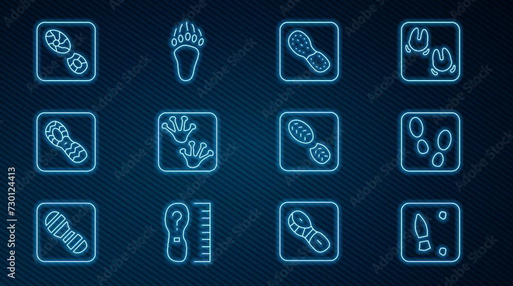 Set line Human footprints shoes, Frog paw, and Bear icon. Vector Set line Human footprints shoes, Frog paw, and Bear icon. Vector