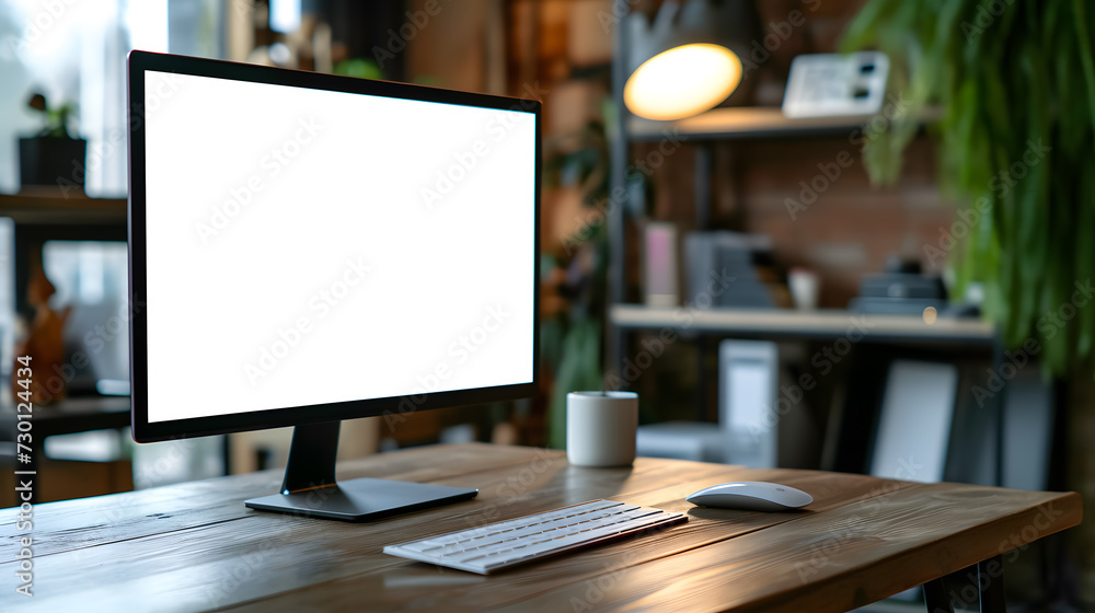 Computer mockup with blank white screen on the table Computer mockup with blank white screen on the table