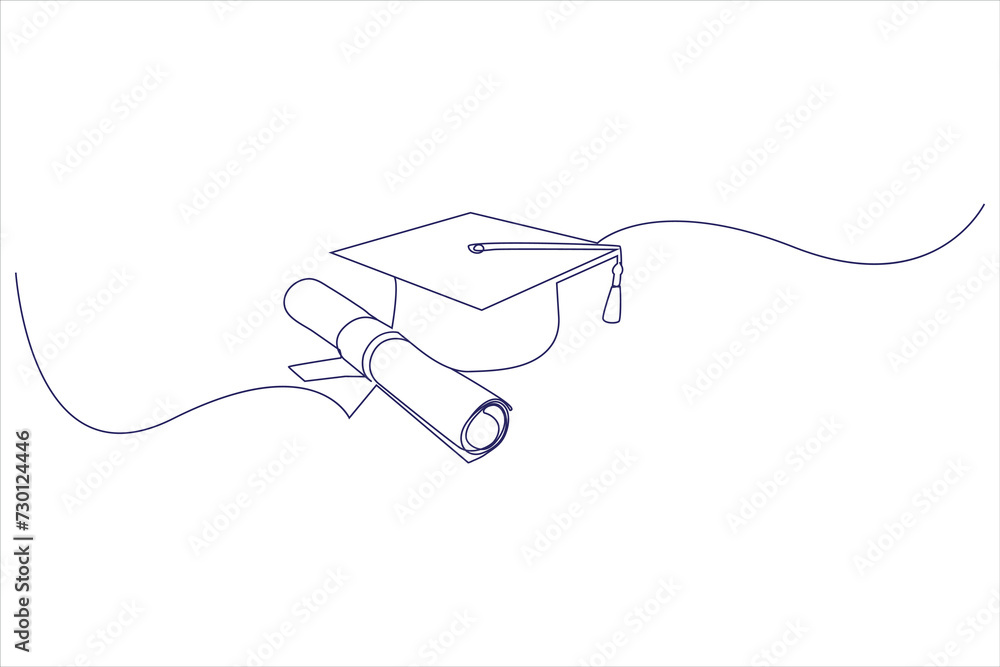 Fototapeta premium Graduation cap and diploma in continuous one line drawing illustration. Line art graduation education vector. 