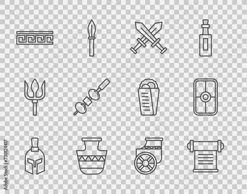 Set line Greek helmet, Decree, parchment, scroll, Crossed medieval sword, Ancient amphorae, pattern, Olive and cheese on chopstick, chariot and shield icon. Vector