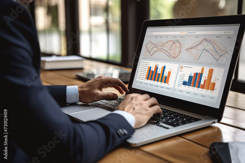 Businessman analyzing statistics on laptop screen, working with financial graphs charts online, using business software for data analysis and project management concept.