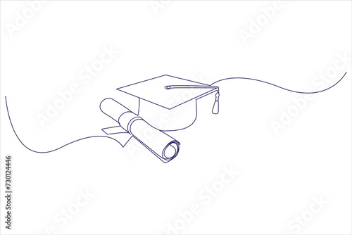 Graduation cap and diploma in continuous one line drawing illustration. Line art graduation education vector.
