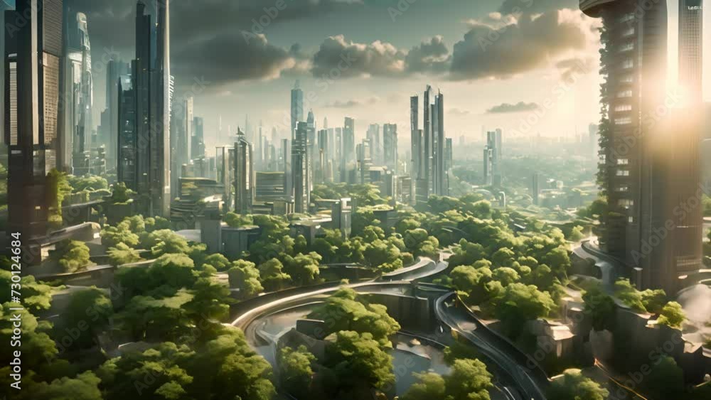 A cityscape with towering skyscrapers and lush greenery, featuring ...