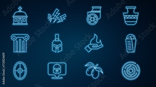 Set line Minotaur labyrinth, Gyros Pita Greek, Ancient chariot, helmet, column, Santorini building, Hand holding fire and Zeus icon. Vector