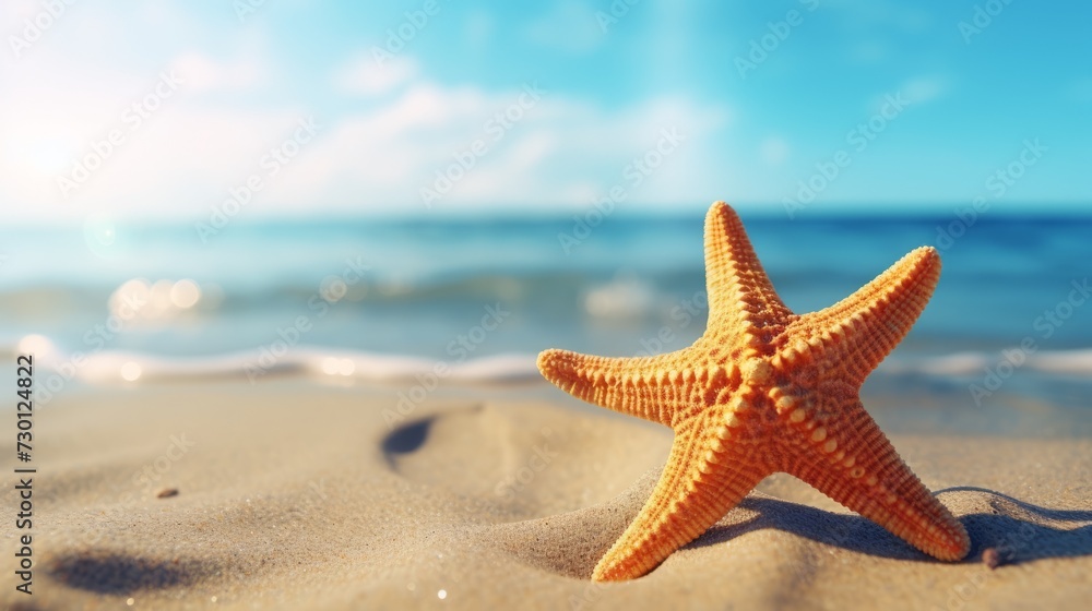 A starfish lies atop the soft sandy beach as waves crash nearby. Generative AI A starfish lies atop the soft sandy beach as waves crash nearby. Generative AI