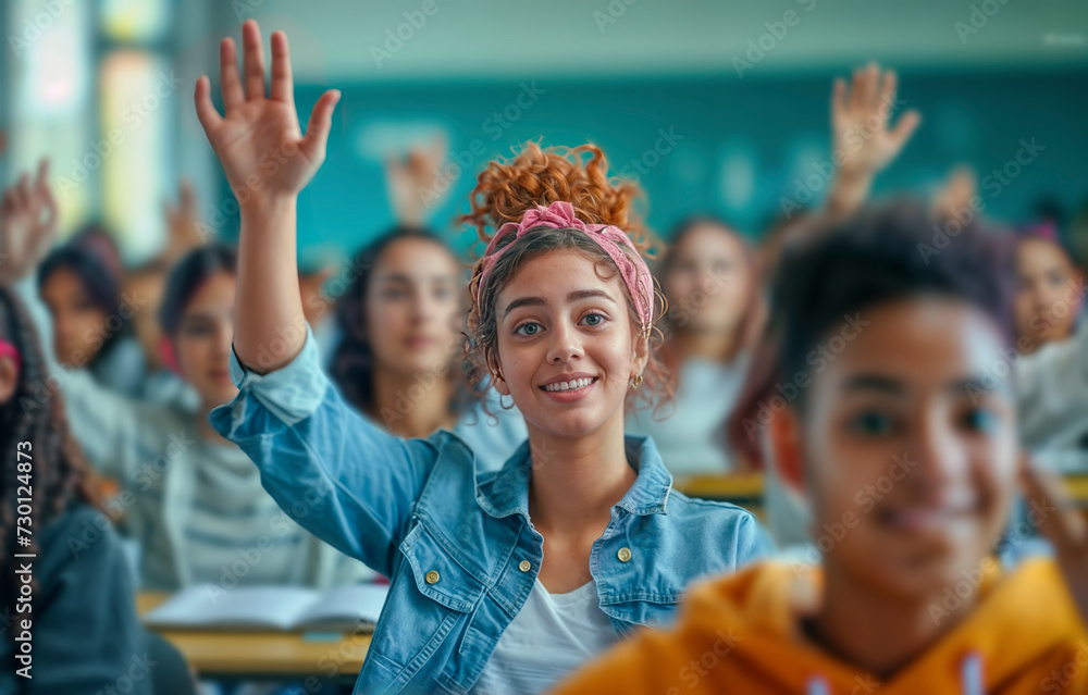 Fototapeta premium Enthusiastic Students Raising Hands in a Diverse Classroom