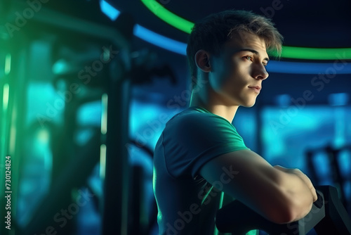 Portrait of handsome confident young sporty man posing at gym.