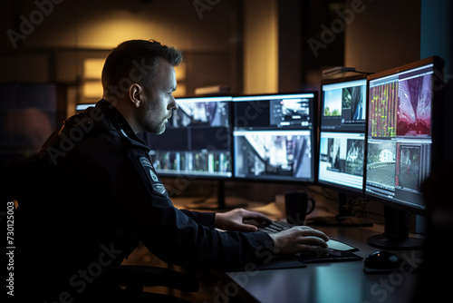 Male police officer monitoring CCTV cameras in a surveillance room. © FutureStock