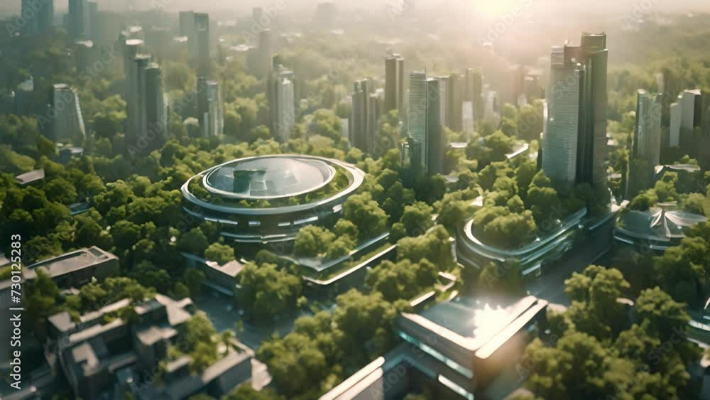 A cityscape with towering skyscrapers and lush greenery, featuring ...