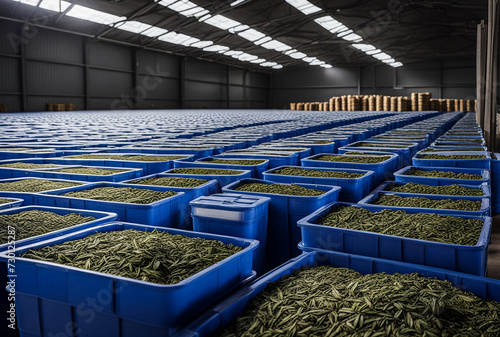 Tea factory. Background of ceylon tea in plastic boxes in warehouse for storage and shipment of goods at manufacturing plant in Sri Lanka. Production concept. High quality photo. Copy ad text space
