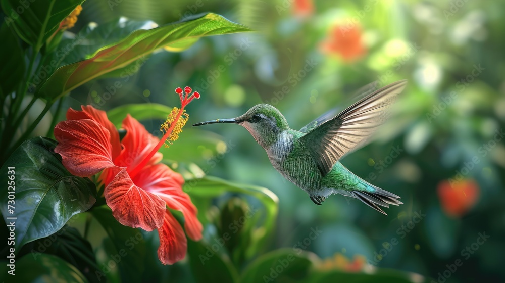 Fototapeta premium A delicate hummingbird hovers effortlessly near a vibrant red hibiscus, showcasing the dance between flora and fauna.