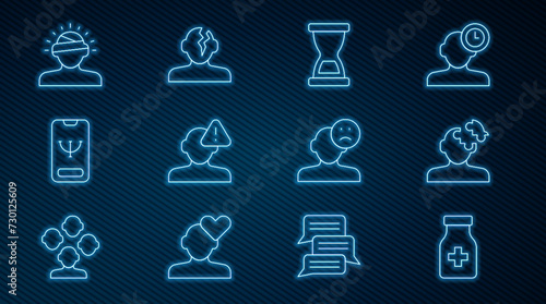 Set line Sedative pills, Solution problem in psychology, Old hourglass, Finding, Online psychological counseling, Concussion, headache, Sad and depressed man, bad mood and icon. Vector