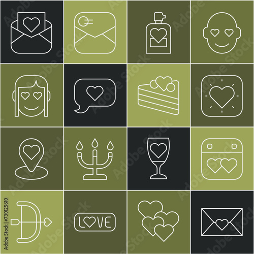 Set line Envelope with Valentine heart, Calendar, Heart, Perfume, speech bubble, Romantic girl, and Wedding cake icon. Vector
