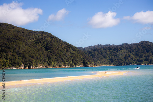 abel tasman island beach with mountain in the background © Raquel