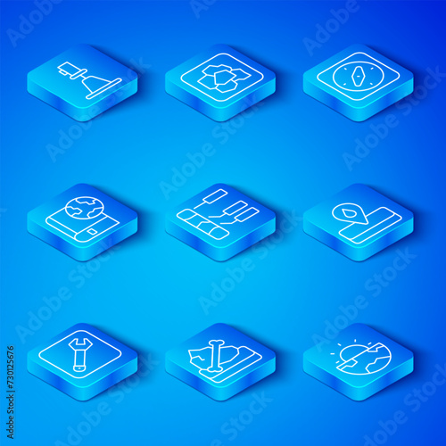 Set line Wrench spanner, Soil analysis, Archeology, Oilfield, Compass, Earth globe and book, Tacheometer, theodolite and core structure crust icon. Vector