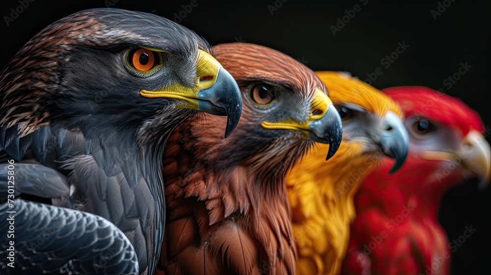 A stunning side-by-side portrait of birds of prey, displaying a gradient of colors from dark to vibrant red. A stunning side-by-side portrait of birds of prey, displaying a gradient of colors from dark to vibrant red.