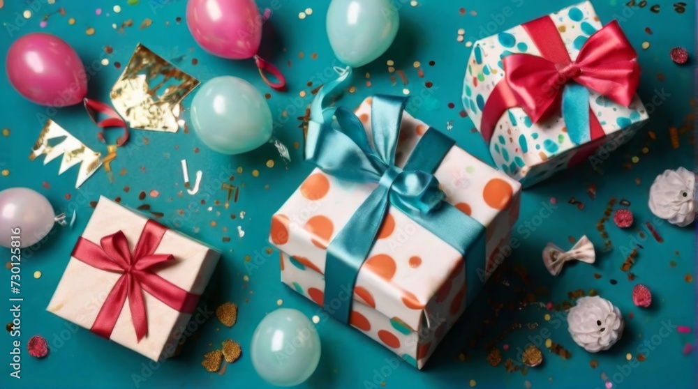 Gift boxes of various sizes adorned with ribbons and bows, set against a turquoise background with falling confetti and balloons Gift boxes of various sizes adorned with ribbons and bows, set against a turquoise background with falling confetti and balloons