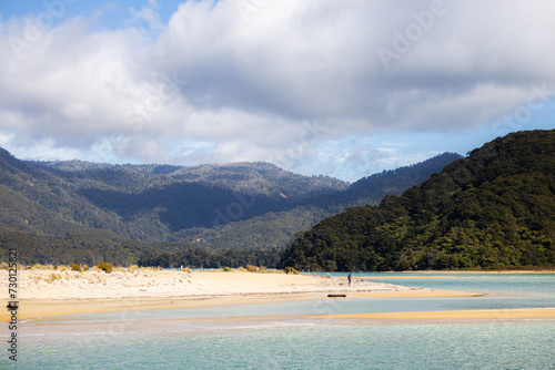 abel tasman island beach with mountain in the background and person far in the distance