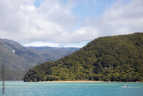 abel tasman coast in new zealand with mountain