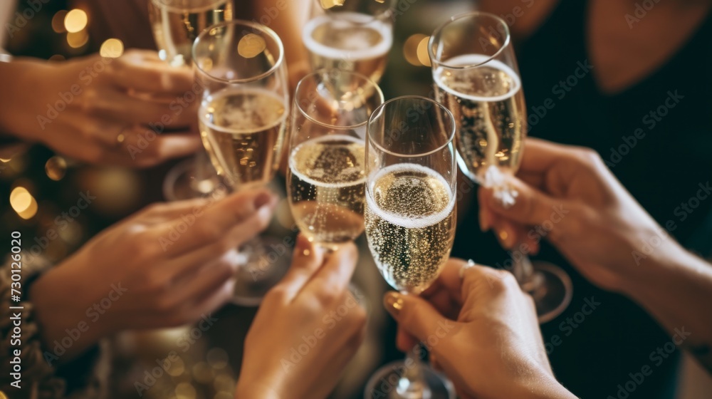 A group of friends toasting with champagne flutes, capturing the joy of celebration A group of friends toasting with champagne flutes, capturing the joy of celebration