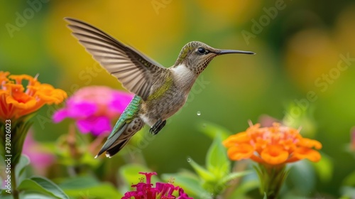 A hummingbird hovers with exquisite precision among vibrant garden flowers, its wings a blur of motion. © HappyFarmDesign