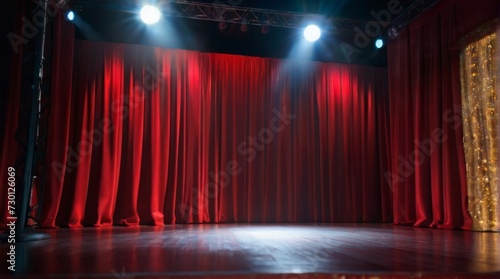 Empty Stand-Up comedy platform with falling red confetti under the glare of the spotlight. Design and advertising signage banner concept