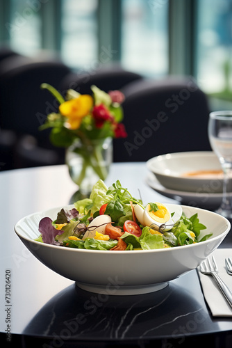 Culinary excellence with a delightful fresh salad with boiled egg  tomato and baby spinach at a trendy wine bar. Mediterranean-inspired offerings.