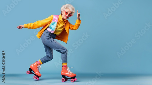 Beautiful old woman, grandmother in stylish clothes posing on vintage roller skates over blue studio background. Concept of age, fashion, lifestyle, emotions photo