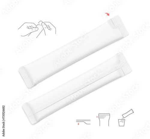 Blank stick package bag mockups with set icons. Flat lay view. Vector illustration isolated on white background. Can be use for food, cosmetic, pharmacy and etc. EPS10.