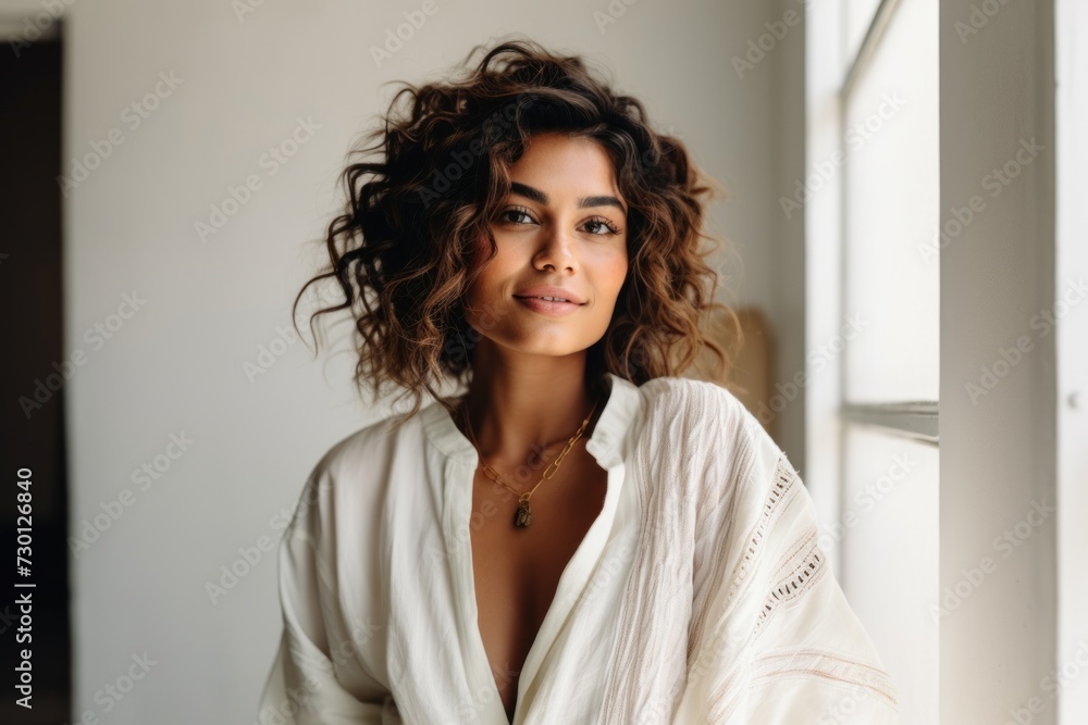 Portrait of a beautiful young woman with curly hair in a white shirt Portrait of a beautiful young woman with curly hair in a white shirt