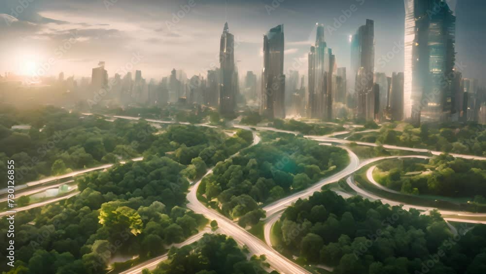 A cityscape with towering skyscrapers and lush greenery, featuring ...