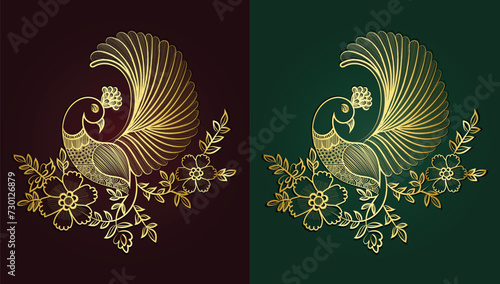  Golden Peacock and flower hand drawn design