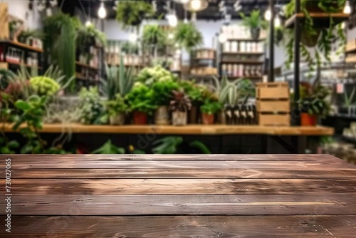 Spacious wooden table set for product display in blurred cafe or restaurant setting with counter adorned by potted plants in background scene blends modern design with touch of nature and vintage