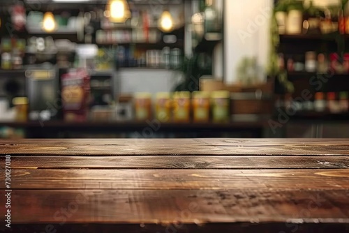 Spacious wooden table set for product display in blurred cafe or restaurant setting with counter adorned by potted plants in background scene blends modern design with touch of nature and vintage